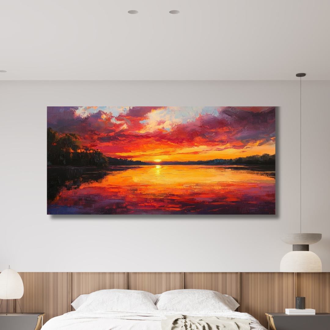 Golden Sunset – Sunset Oil Painting, Wall Art for Calm Bedroom Atmosphere